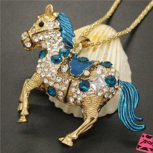 NEW Betsey Johnson Teal 3D Horse Necklace Pendant Chain